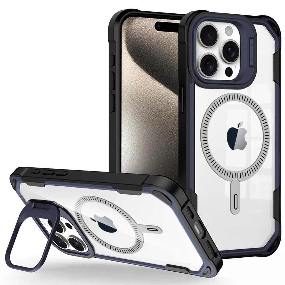 

For iPhone 16 Pro Max Case PC+TPU+Acrylic Back Cover with Lens Kickstand Compatible with MagSafe Navy Blue