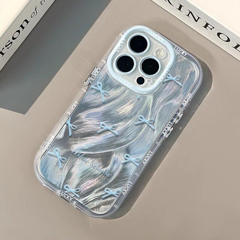 Feather puff Apple 17promax mobile phone case Korean sweet wind blue bow all-inclusive drop-resistant case