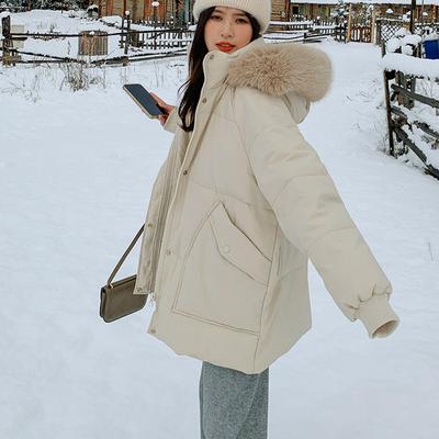 Winterverdickte Baumwolljacke mit Kapuze für Damen mit großem Pelzkragen, lässige, lockere Kleidung