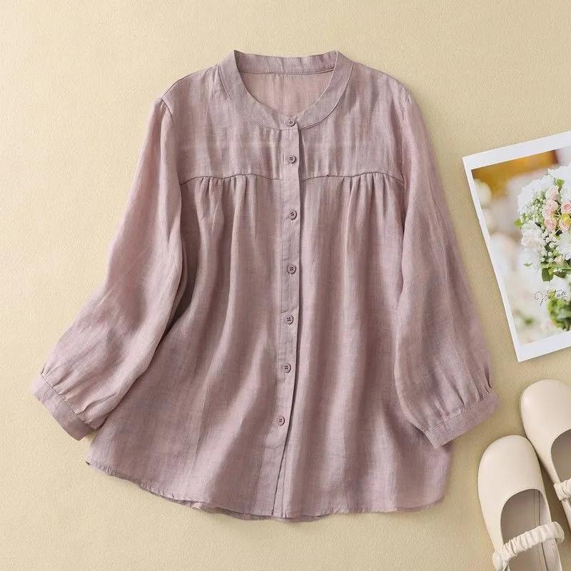 Summer Women's Comfort Linen Shirt Vintage Pleated Stand Collar