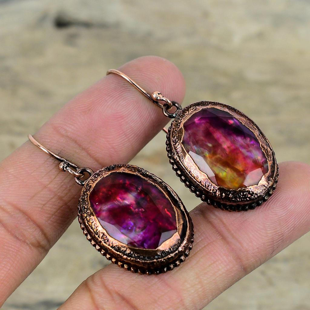 Faceted Ammolite Earring Electroformed Copper Earrings Gemstone Jewelry Dainty Earrings Handmade Earring Electroformed Jewelry Gifts For Her