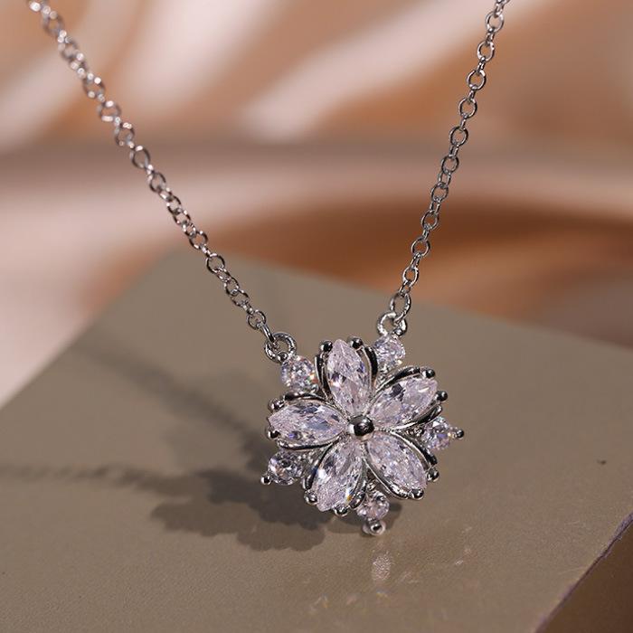 Necklace Wedding Jewelry Pink Zircon Stud Earrings Three-Piece Jewelry Set Ring Flower