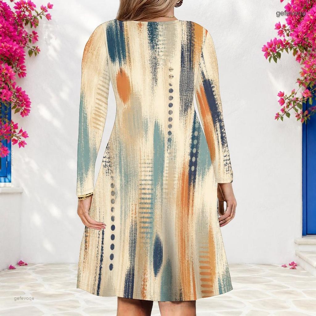 Women Plus Size V Neck Long Sleeve Printed Beige Orange Blue A Line Dress