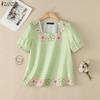 ZANZEA Women Casual Square Collar Loose Summer Short Sleeve Plaid Print Blouse