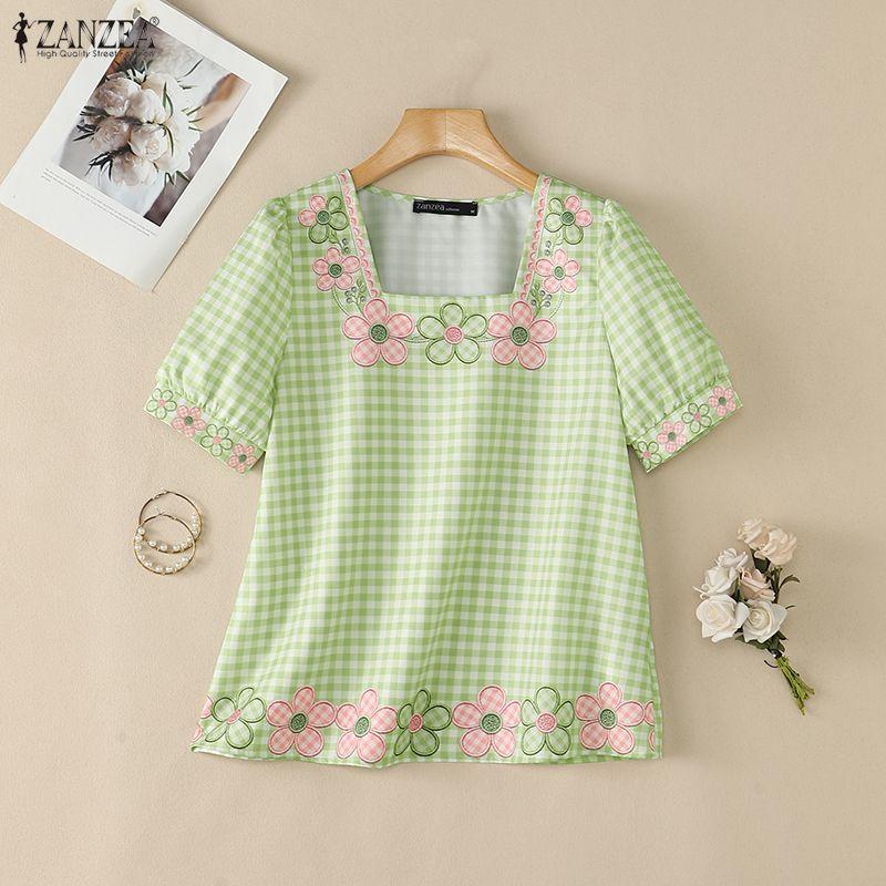 ZANZEA Women Casual Square Collar Loose Summer Short Sleeve Plaid Print Blouse