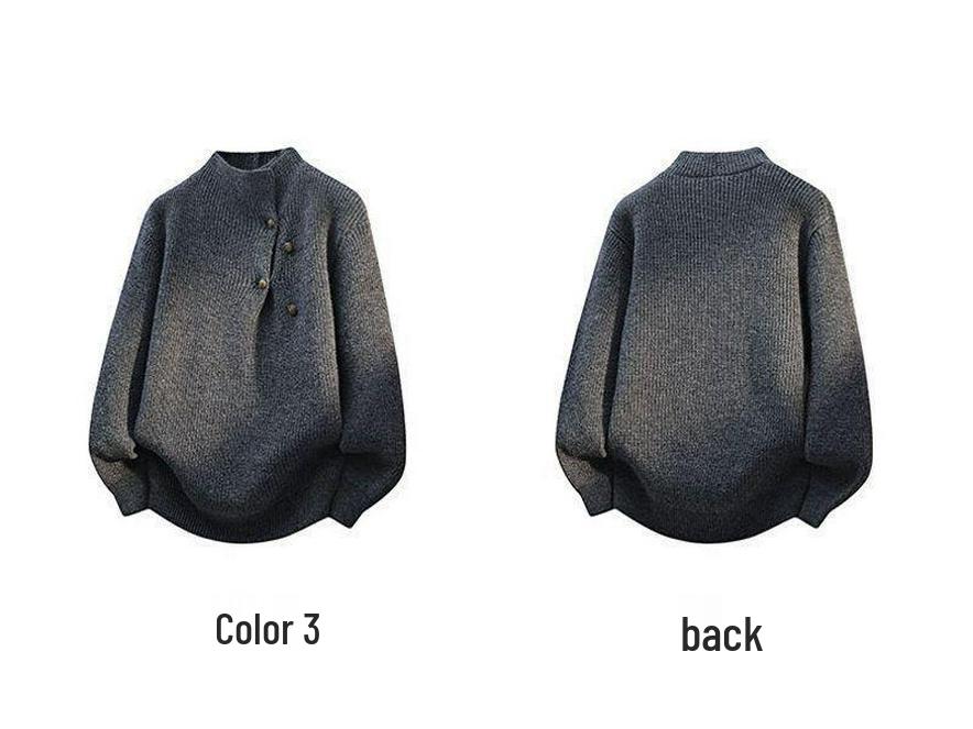 2025 Button-Design High Neck Gray Knit Sweater: Retro Loose Fit for Autumn/Winter