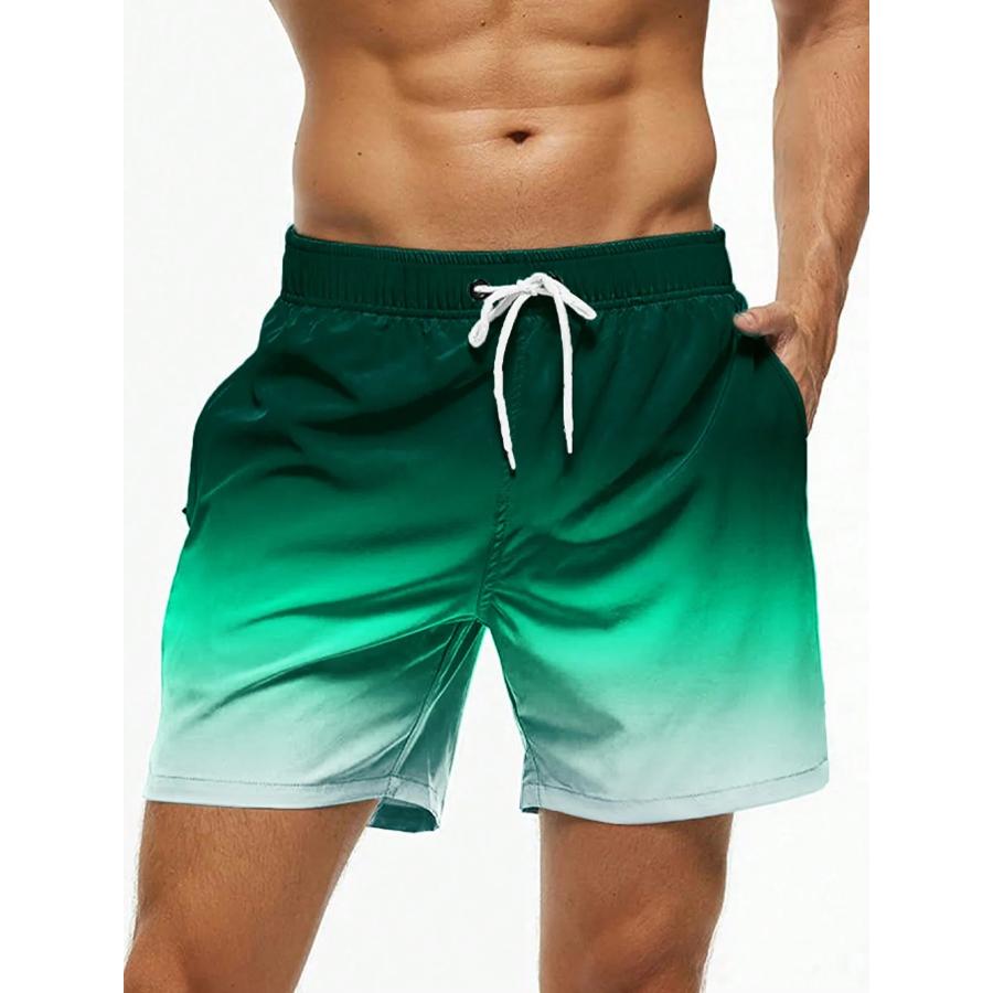 Men's Beach Shorts Gradient Color Block Drawstring Summer Men's Swim Trunks Elastic Waist 3D Print Breathable Short Streetwear