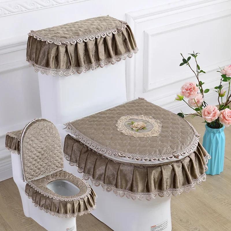3PCS Velvet Skirt Style Toilet Mat Embroidered Lace Decorated Toilet Seat Mat Printed Dust Cover of Toilet Closestool