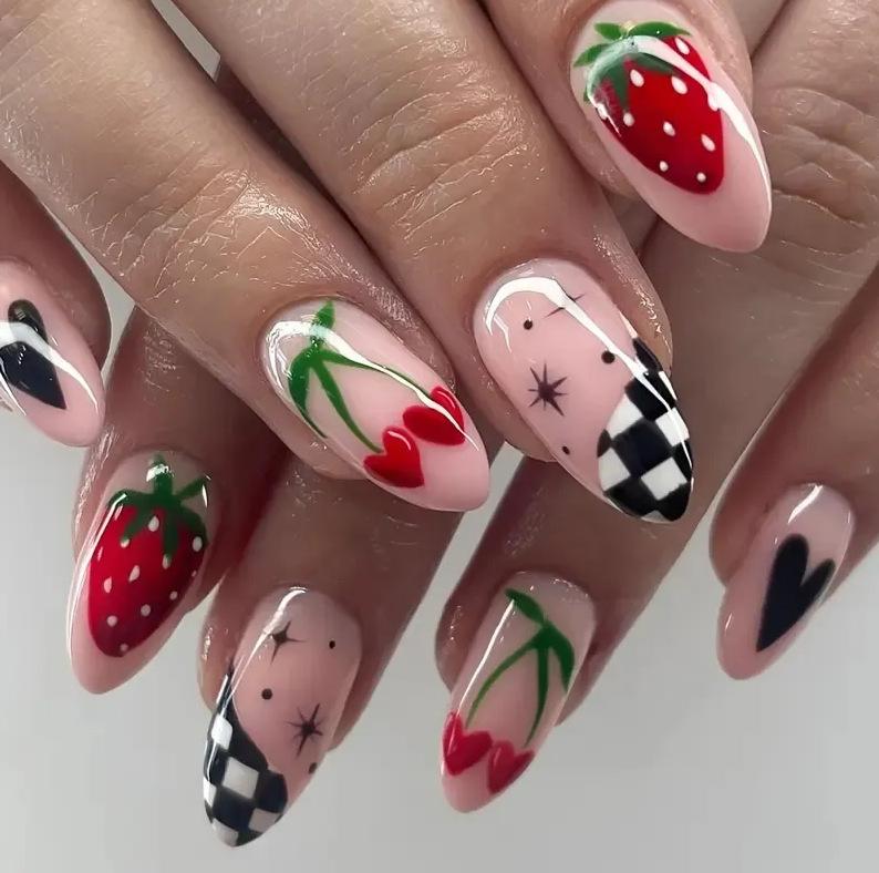 European and American hot-selling nail art collection, sweet and cool plaid cartoon medium and long almond-shaped wearing nail piece