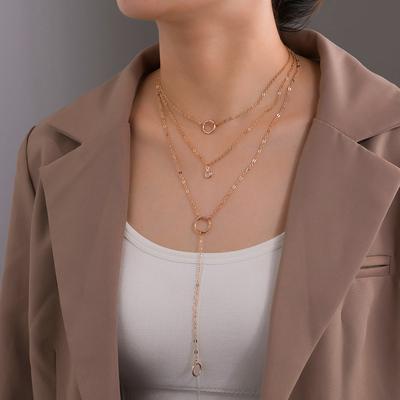 Simple Round Iron Ring Hemming Diamond Pendant Necklace Multi-layer Chain Neck Chain Collarbone Chain Accessories