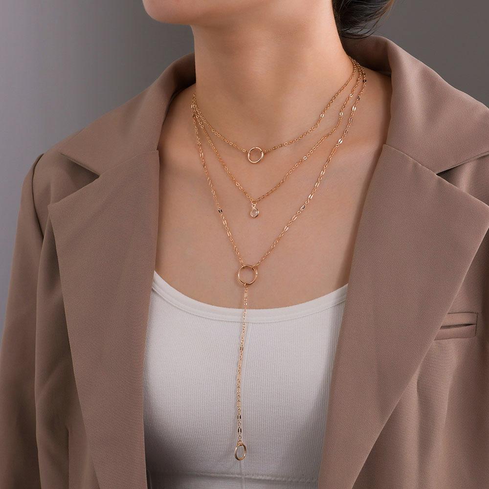 Simple round iron ring hemming diamond pendant necklace multi-layer chain neck chain collarbone chain accessories