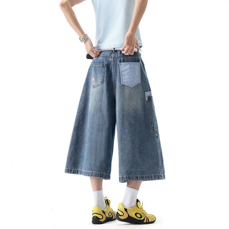 Unisex 7 Inch Denim Shorts Embroidered Dog Loose Wide Leg 2026 Casual Streetwear