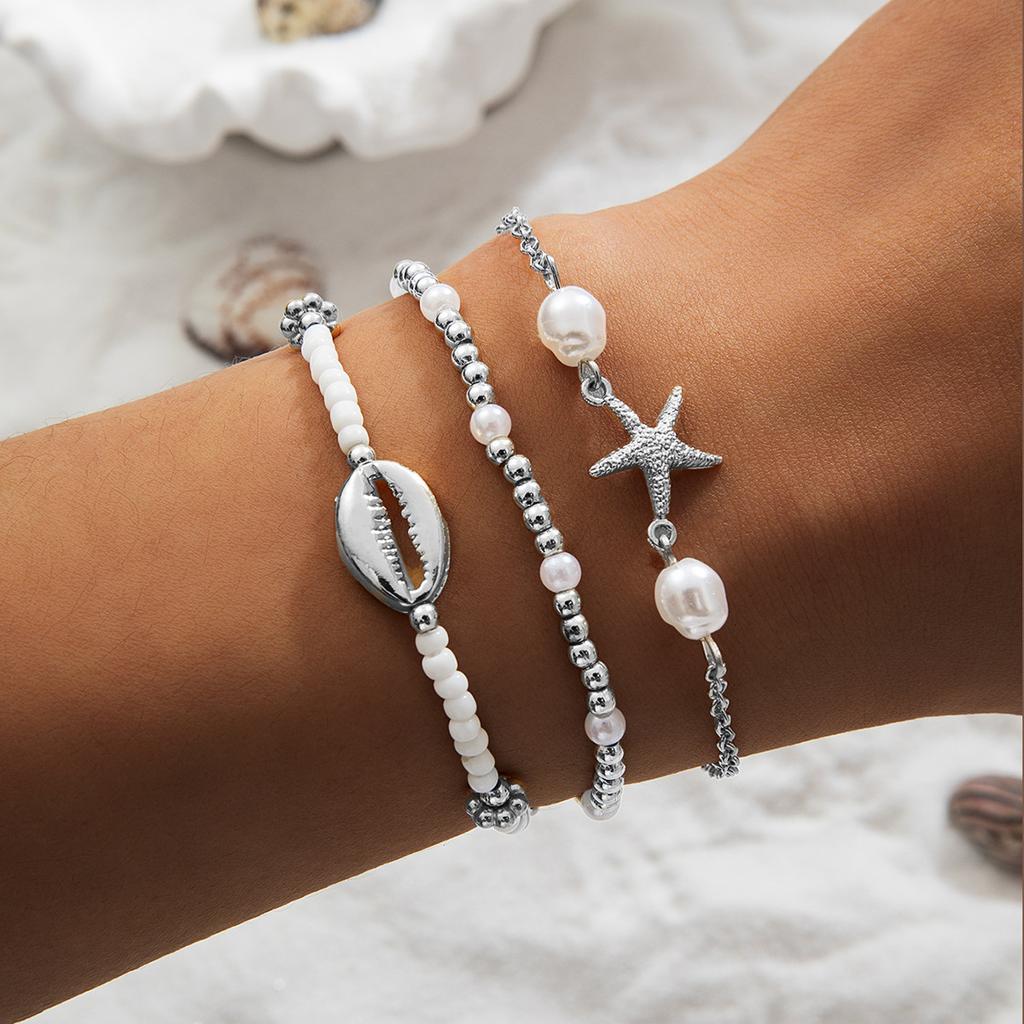 3pcs Set Bohemia Fashion Ocean Shell Starfish Pendant Imitation Pearl Beaded Bracelets for Women Summer Beach Vacation Jewelry