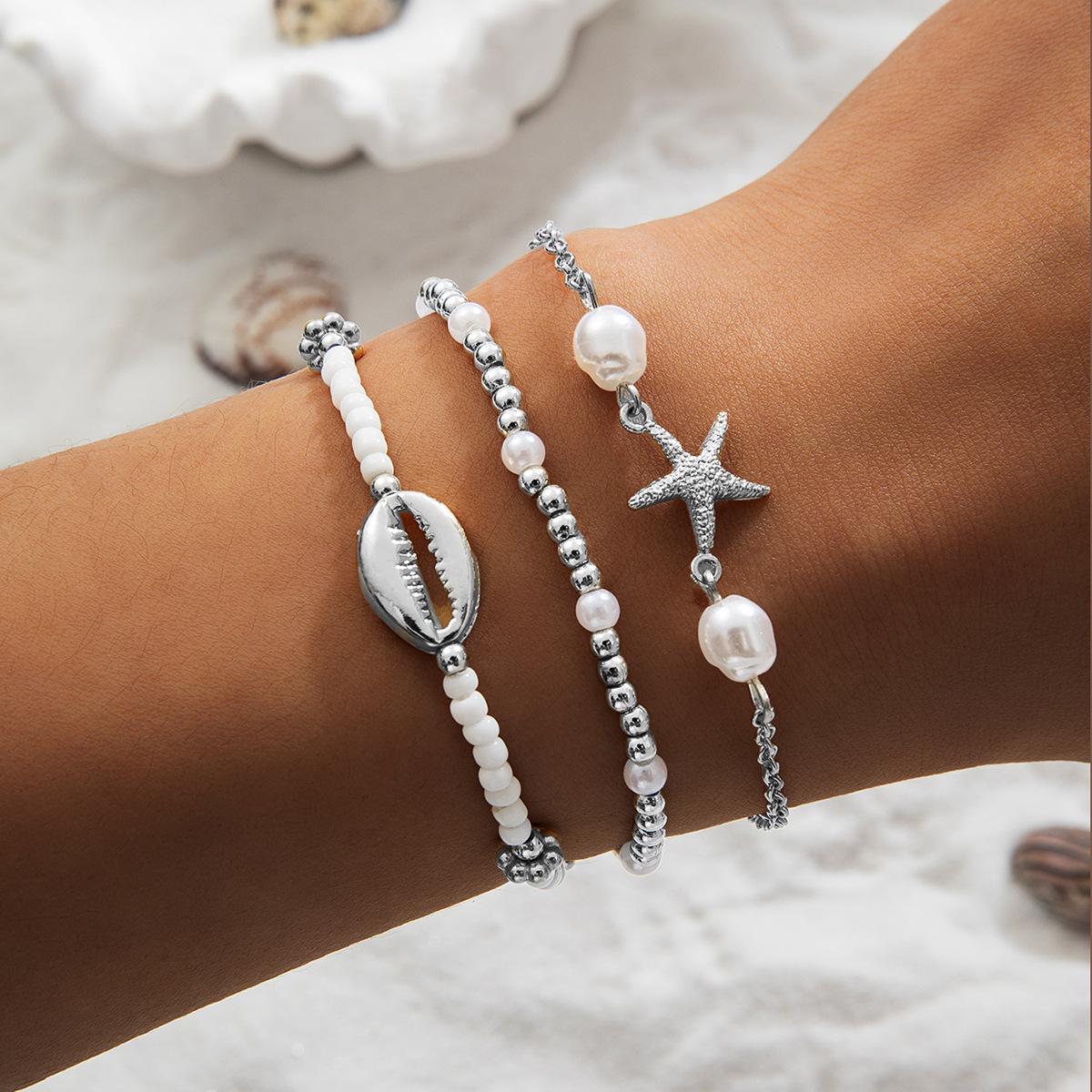 

3pcs Set Bohemia Fashion Ocean Shell Starfish Pendant Imitation Pearl Beaded Bracelets for Women Summer Beach Vacation Jewelry
