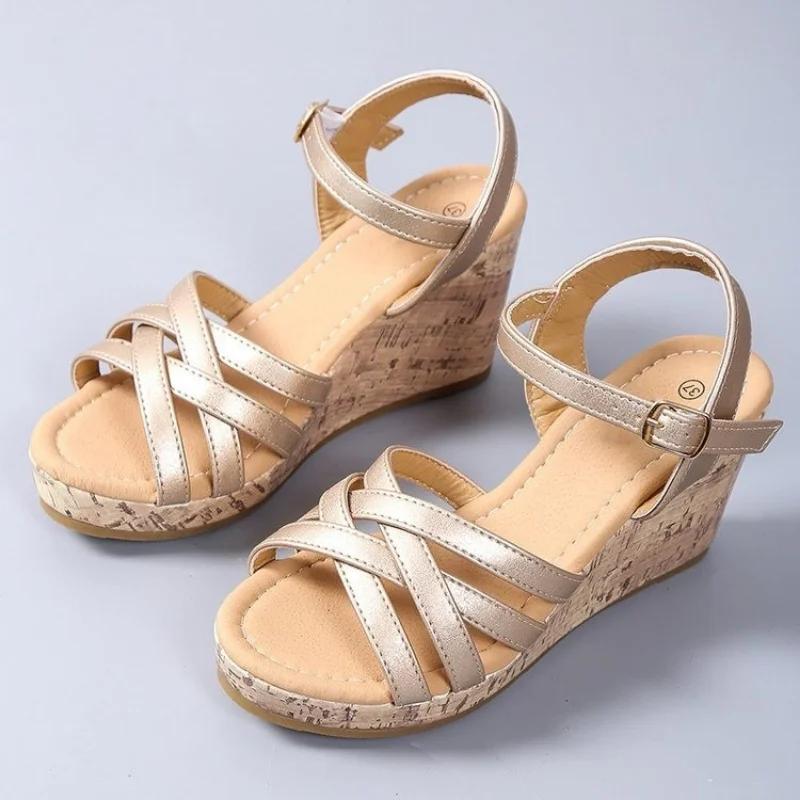 Fashion Women Wedges Sandals 2024 Summer New Buckle Platform Heeled Sandals Roman High Heels Shoes Fashion Brown Casual Woman Sandalias