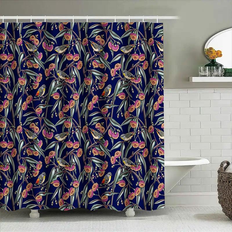 Cortina de ducha de pájaros vintage, patrón floral botánico, decoración de baño, forro lavable, tela impermeable, textil para el hogar