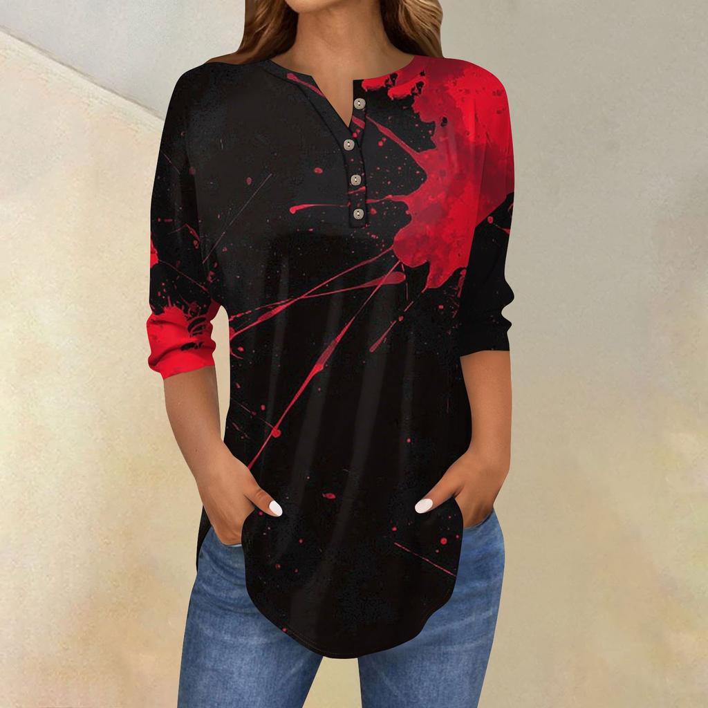 Women's Fashion Loose Button Collar Halloween Print Long Sleeve T-Shirt Top Pullover