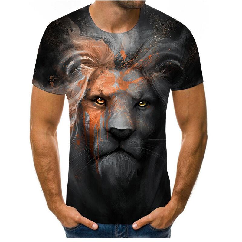 Summer New Style 3D Digital Print round Neck Short Sleeve T-Shirt Lion Tiger Pattern Men's Casual Top Quality Polyester V-Neck