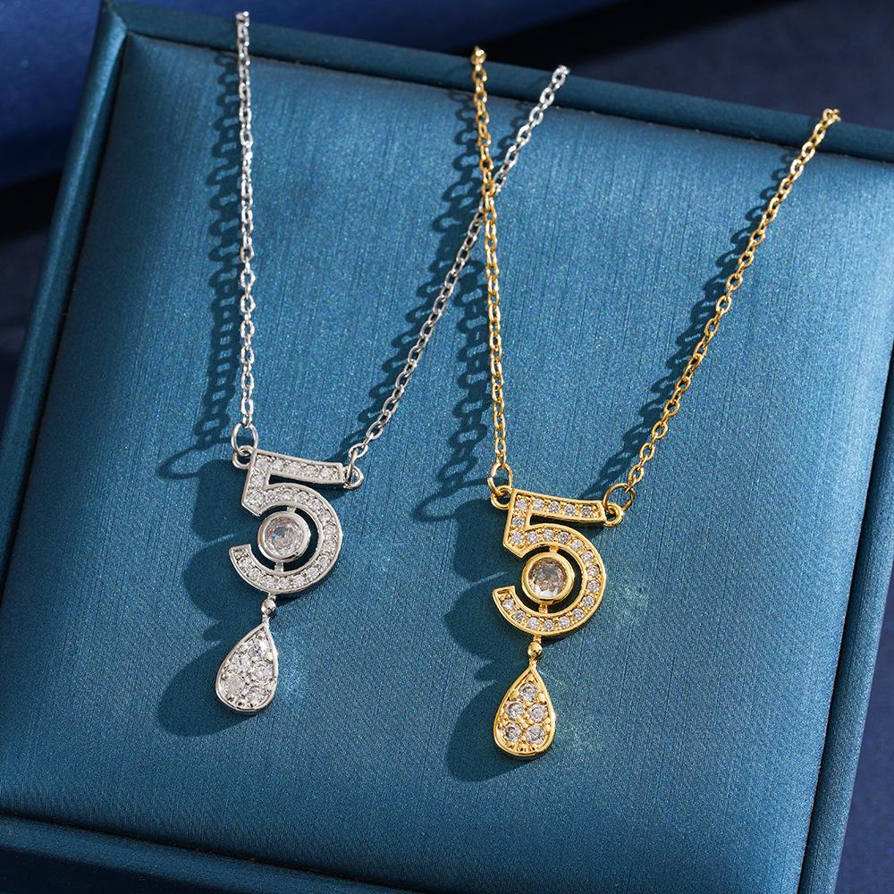 Titanium Steel Full Diamond Necklace, Size 5, Tassel & Water Drop Design for Women - Light Luxury Style