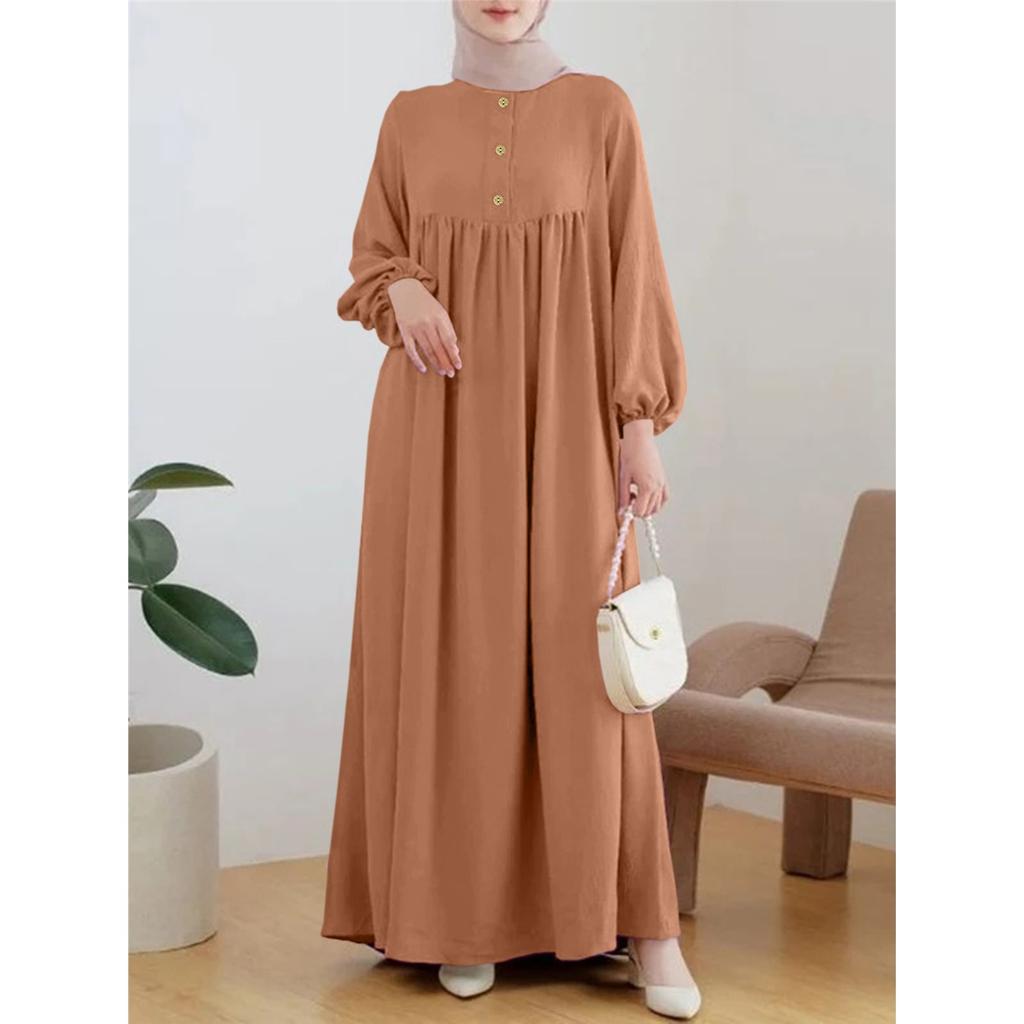 Muslim Women's Lantern Sleeve Solid Color Long Robe Dress