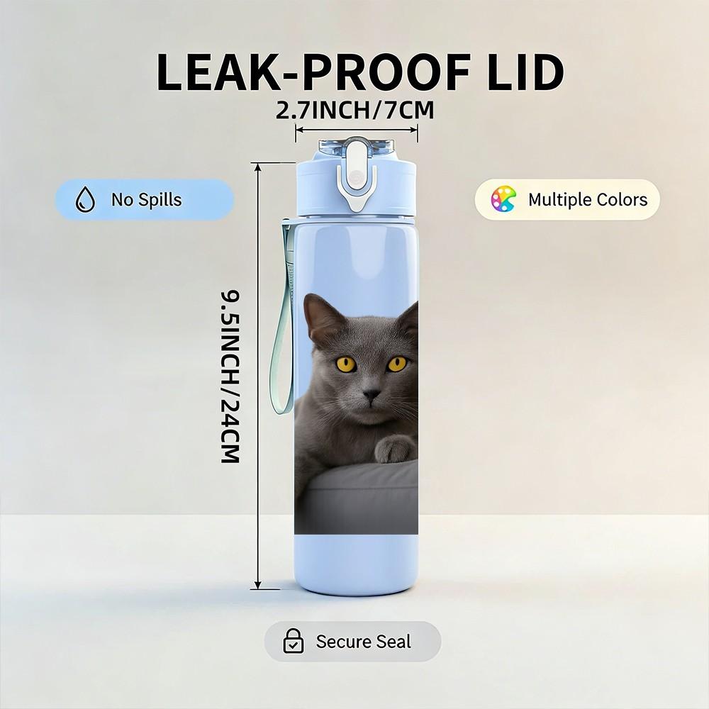 1PC Gray Cat Sitting By Window 750ml Color Plastic Sports Water Bottle Leakproof Flip Straw Lid Suitable for Sports Office Home Use