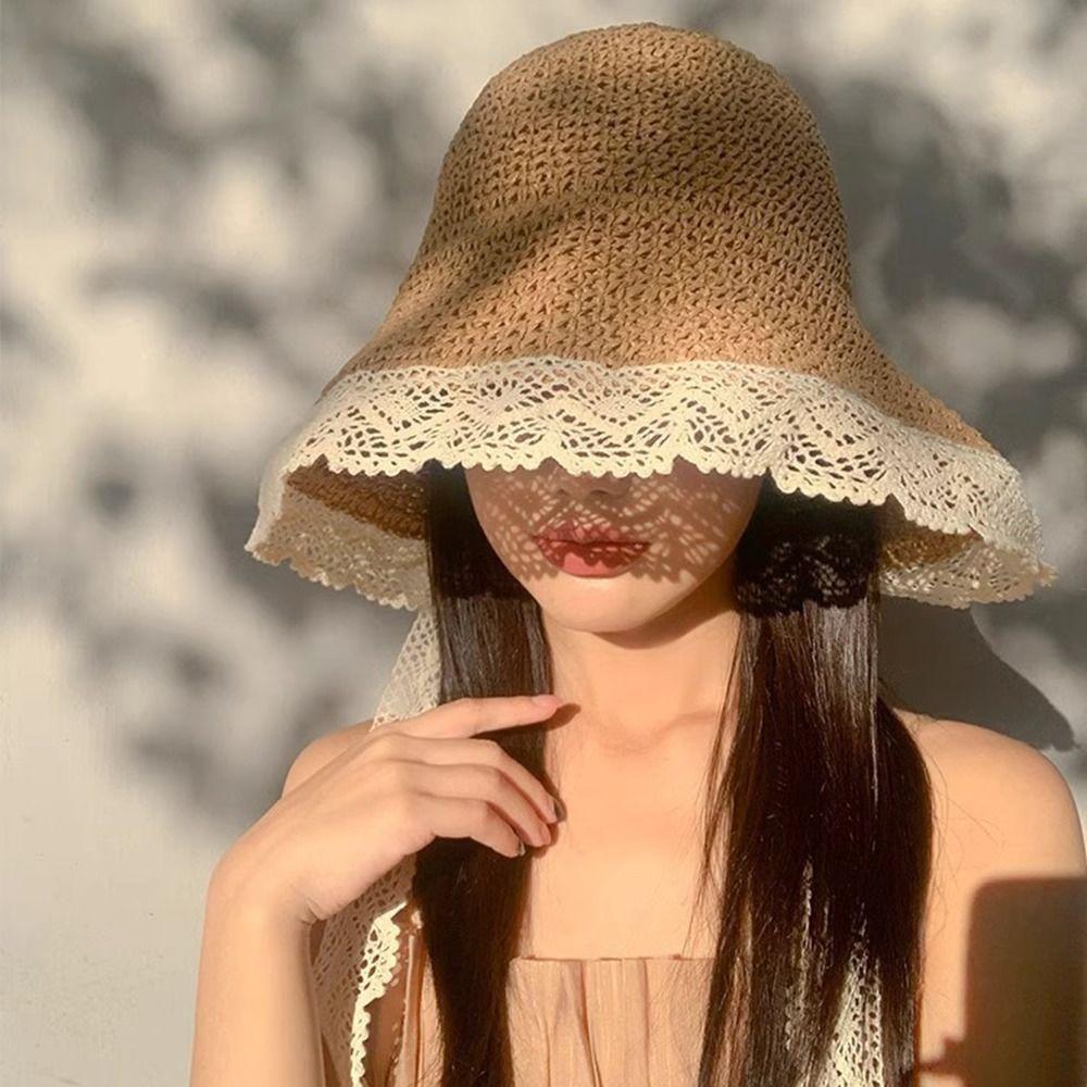 Large Edge Summer Lace Sun Hat Foldable Panama Cap INS Style Beach Bucket Hat  Beach Side