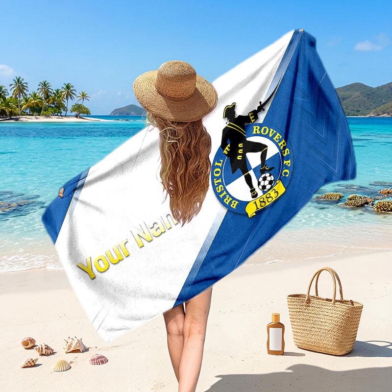 Bristol Rovers Custom Beach Towel, Personalized Name Text Print, Football Logo Soft Quick‑Dry Towel Holiday Gift