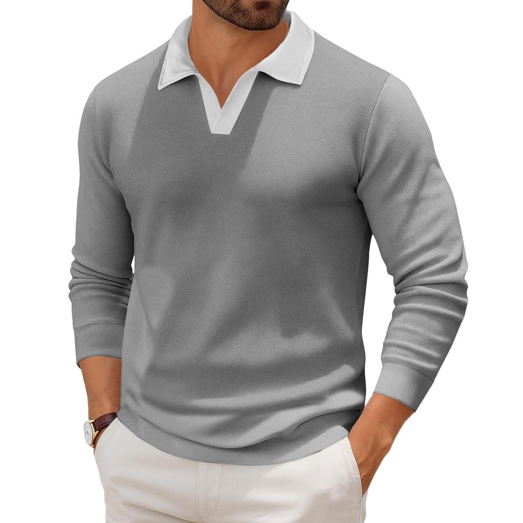 Men's Casual Color-Block Collared Long-Sleeve Knit Base Layer Top