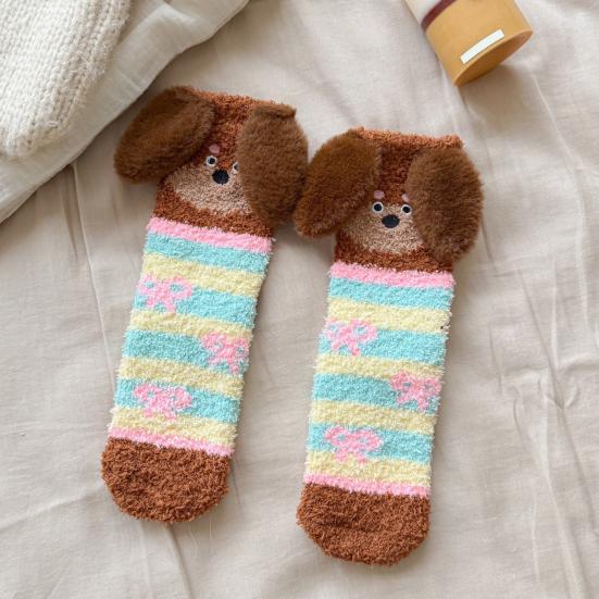 1 Pair Floor Socks 3D Cartoon Dachshund Design Striped Print Elastic Opening Socks Coral Fleece Thickened Mid-Length Sleeping Socks