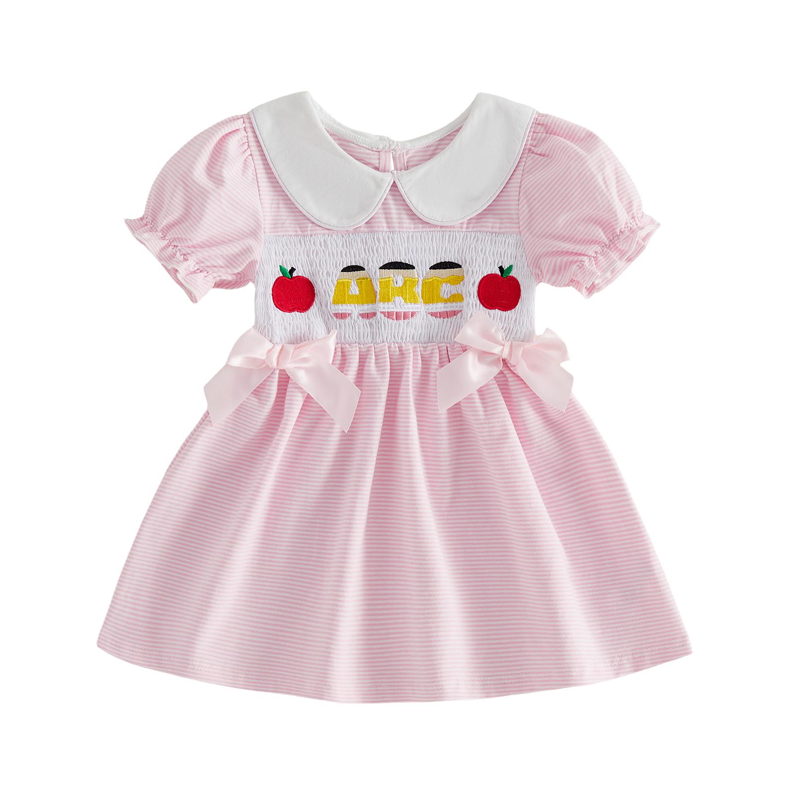 Pink Puff Sleeve Girls Dress with Doll Collar & ABC Apple Embroidery 18-24 Months