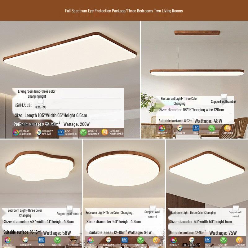 Walnut Wood Grain Ceiling Light: Full Spectrum Eye Protection Chandelier for Living Room, Bedroom, and Dining Room