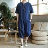 Men's Retro Chinese-Style Short Sleeve Cotton Linen Two-Piece Summer Hanfu Suit