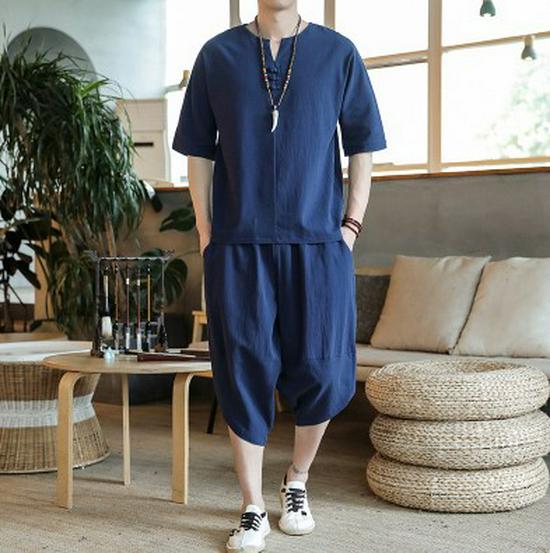 Men's Retro Chinese-Style Short Sleeve Cotton Linen Two-Piece Summer Hanfu Suit
