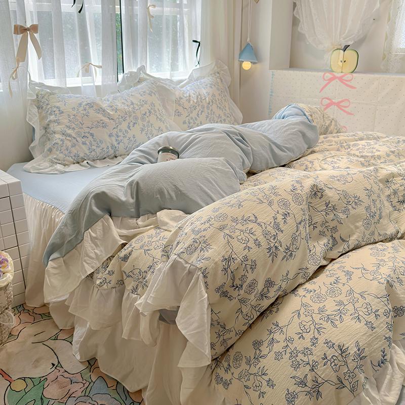Ins Korean Style Floral Bedding Set 2024 New Washed Cotton 4pcs Bed Sheet Set Duvet Cover Set For Girls Bedding Decor Home