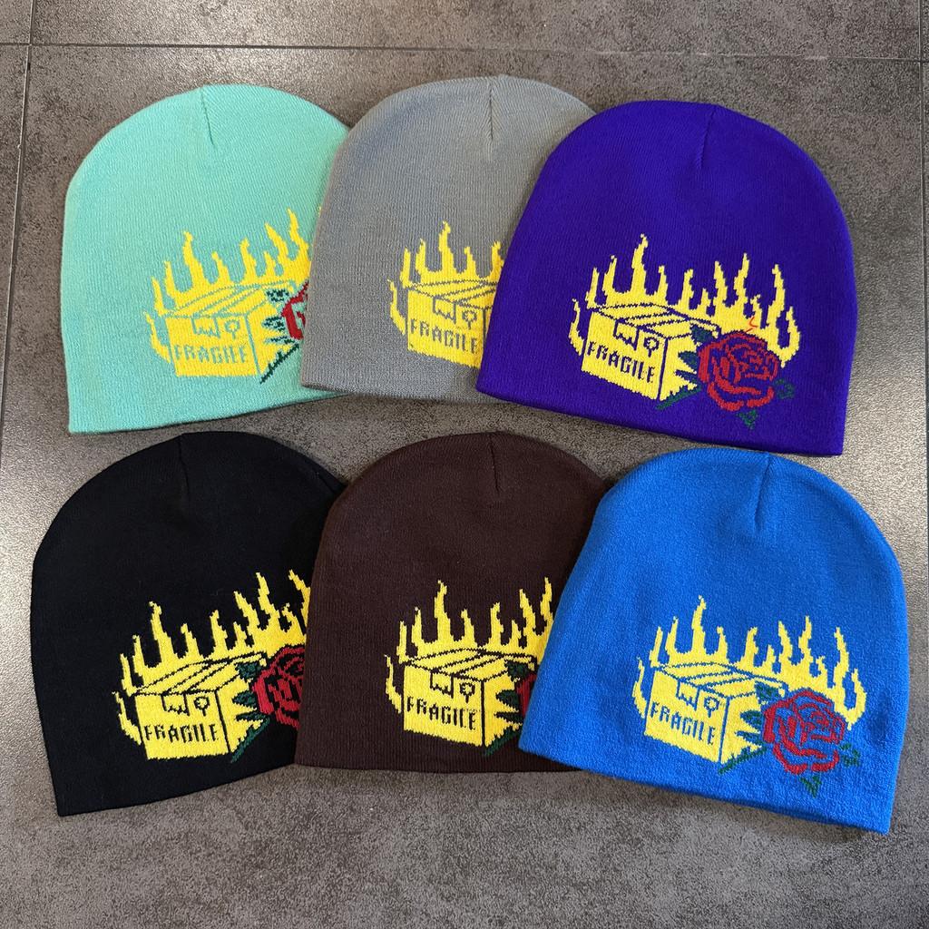 Knit Halloween Party Beanie With Flame Rose Pattern For Winter Outdoor Cycling