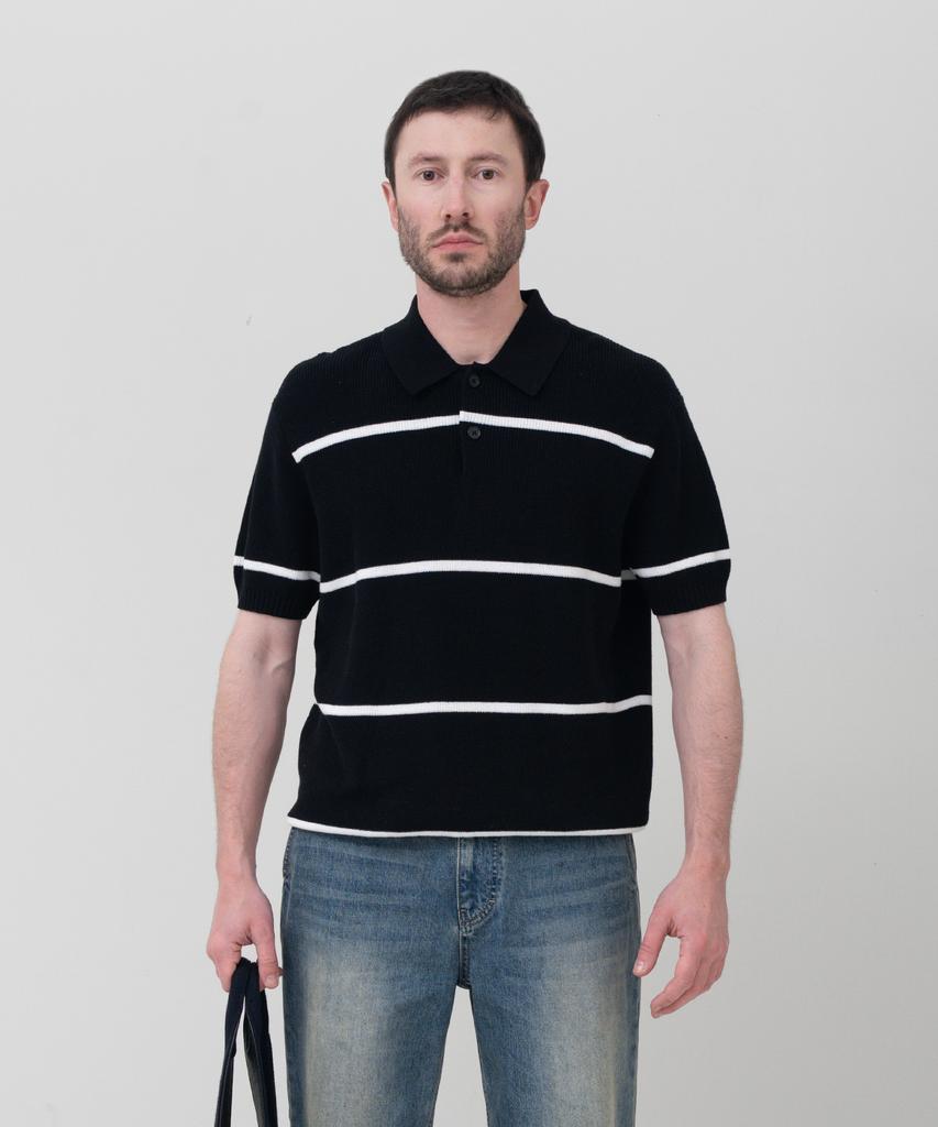 MANNERGRAM Textured Striped 100% Cotton Polo Short Sleeve Knit Black