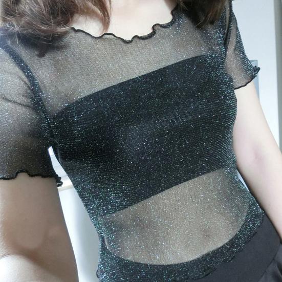 O-Ausschnitt Kurzarm Sheer Trim Crop Top Frauen See-through Glitter Mesh T-Shirt Streetwear