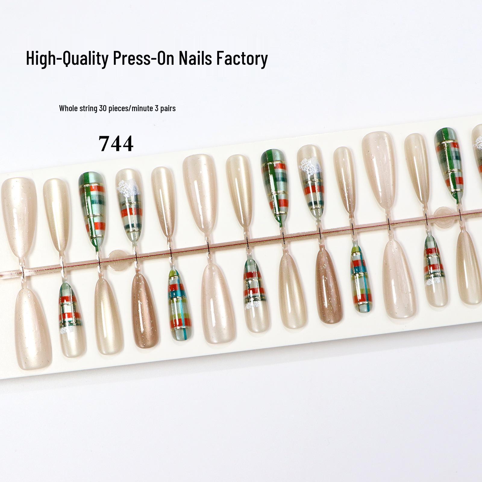 French Translucent Cat Eye Press-on Nails - High Quality Gilded Christmas Plaid Nail Art Tips Medium/Medium/Medium