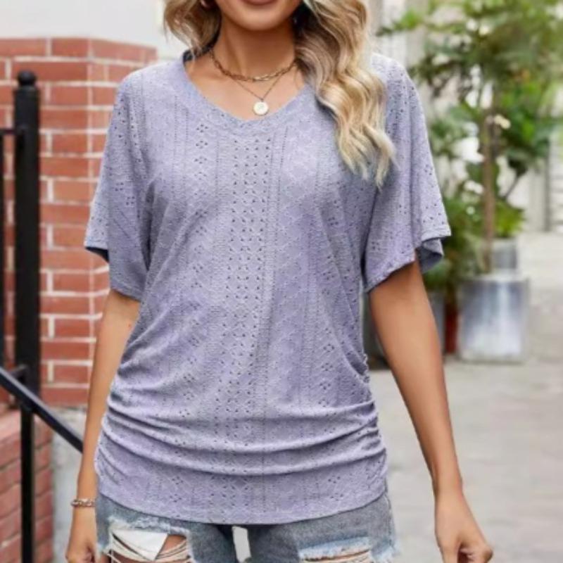 

Летняя женская футболка с вырезом V-образной формы, плиссированная, повседневный топ-рубашка XXL фиолетовый