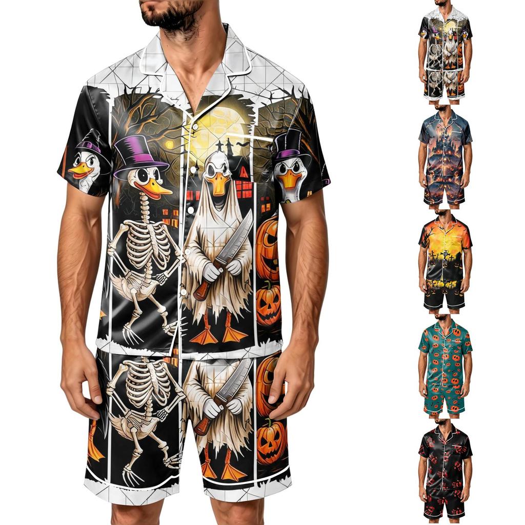 Men's Halloween Satin Print Short Sleeve Pajama Set with Pockets - Loose Fit 2-Piece Sleepwear for Home Daily Wear