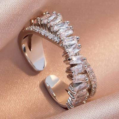 Bagues Ouvertes Doubles Étudiantes Chic Brillantes en Zirconium de Luxe pour Femme Couleur Argent Bijoux de Doigt Gothiques Fête de Mariage