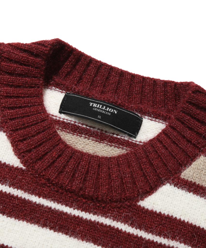 TRILLION Washable Hairy Stripe Crewneck Knit_Red