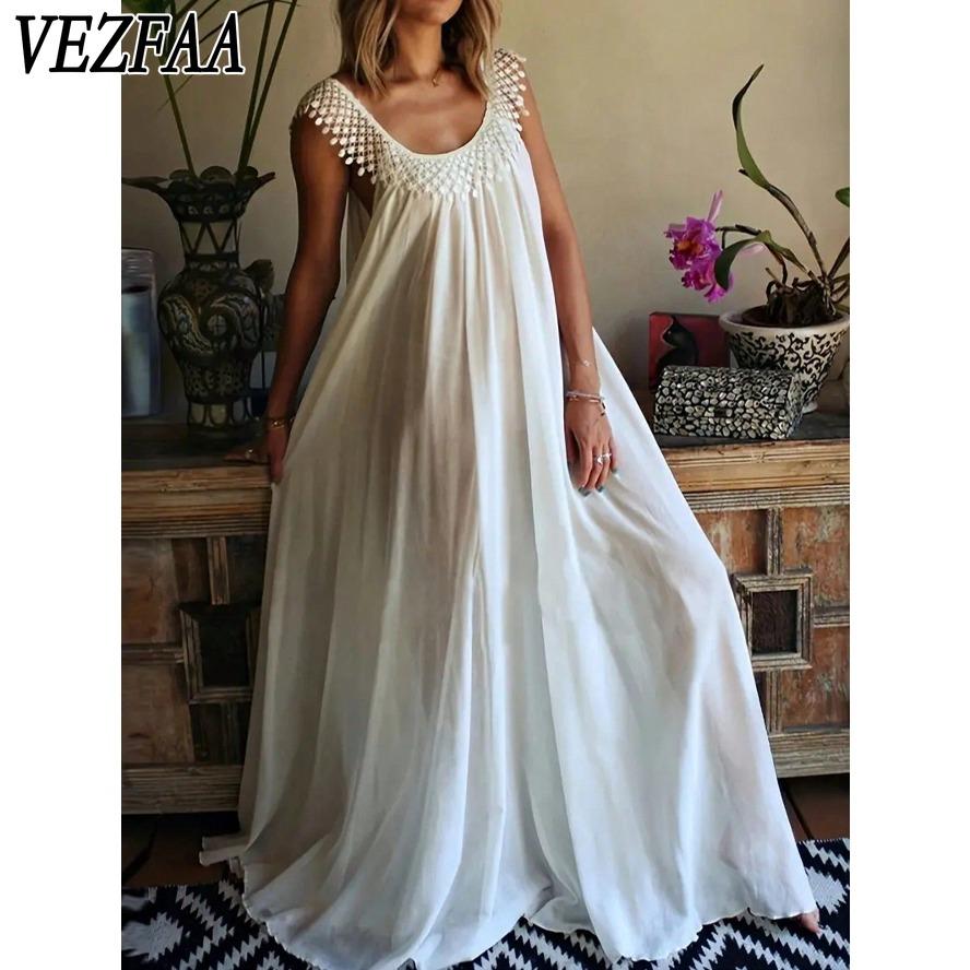 VEZFAA Women's Fashion Summer Spring Solid Color Print Sleeveless U-Neck Loose Waistline Casual Dresses