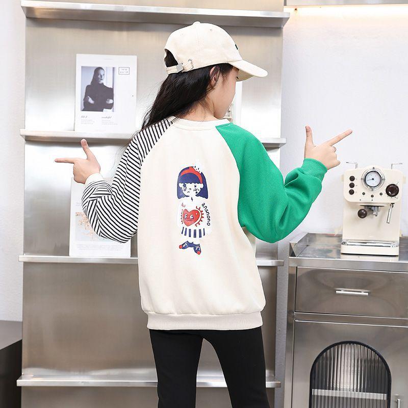 Girls Striped Block Sweatshirt Casual Loose Cartoon Top For Spring Autumn Middle Big Kids Fashion Long Sleeve Shirt