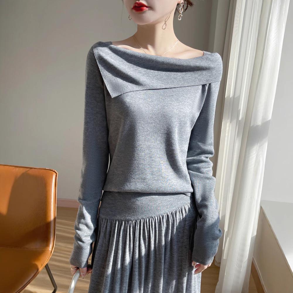 Women's One-Shoulder Irregular Long-Sleeve Knit Top - Spring/Summer, French-Inspired, Imitation Wool, High-Quality.