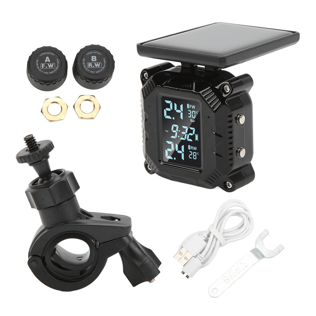 Wireless Motorcycle Tire Pressure Temperature Monitor System Solar Powered LCD Screen IP67 Waterproof