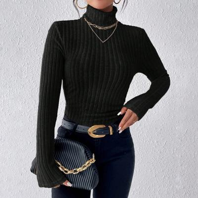 Women Knitting Tops Turtleneck Long Sleeve Solid Color Sweater Slim Fit Ribbed Bottom Tops