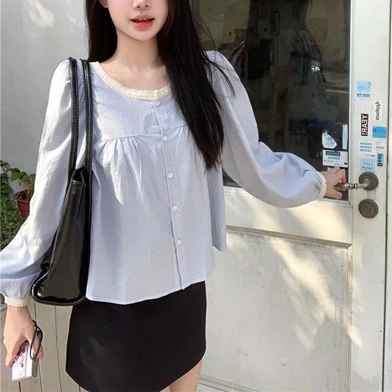 Autumn Korean New Style Fashionable Loose Lace Splicing Niche Design Long-sleeved Shirt Top for Women