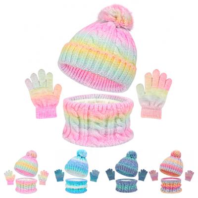 3 Adet/Set Çocuk Şapka Atkı Eldiven Seti Gökkuşağı Renkli Burgu Dokulu Şapka Kalınlaştırılmış Peluş Astarlı Boyunluk Örgü Eldiven Seti