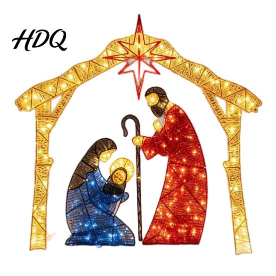 Festive Church Layout Ornament Lighted Nativity Garden Ornament Christmas Metal Yard Art with Glowing Bethlehem Star Statue LED Lights Light-Up